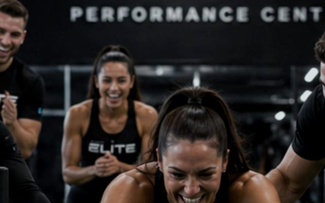 Coworkers cheering during a team fitness event