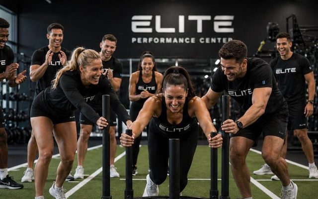 A team pushing a sled together while coworkers cheer